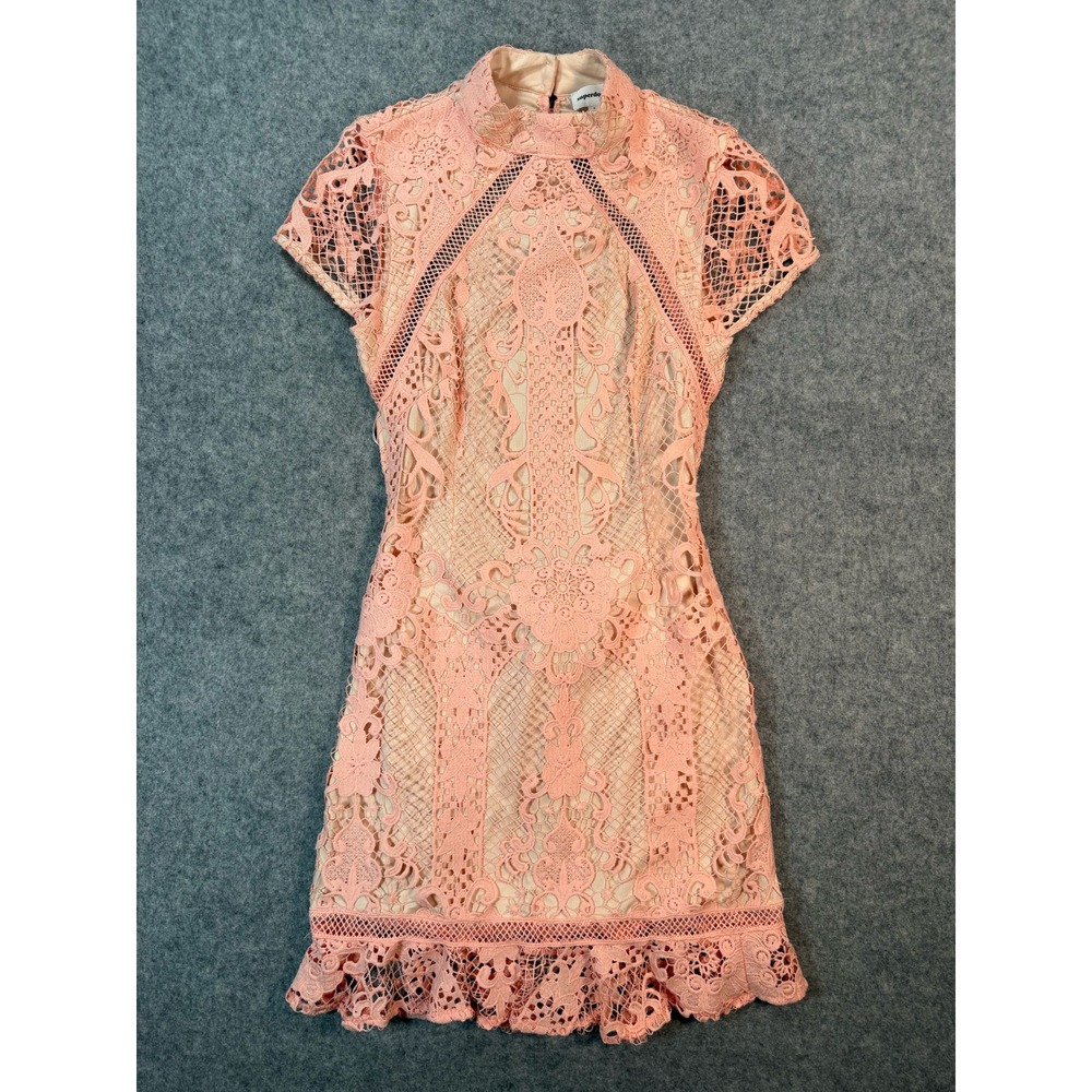 Superdown Women Pink Lace Open Back Mock Neck Mini Dress Ruffle Hem Size L NEW‎